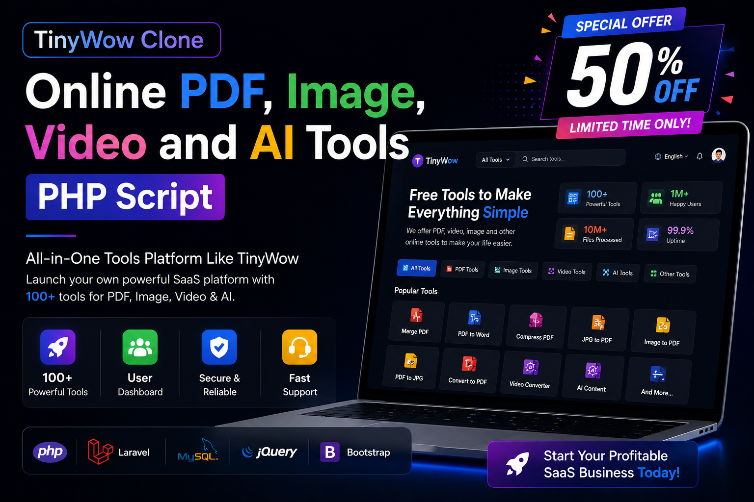 TinyWow Clone – Online PDF, Image, Video and AI Tools PHP Script