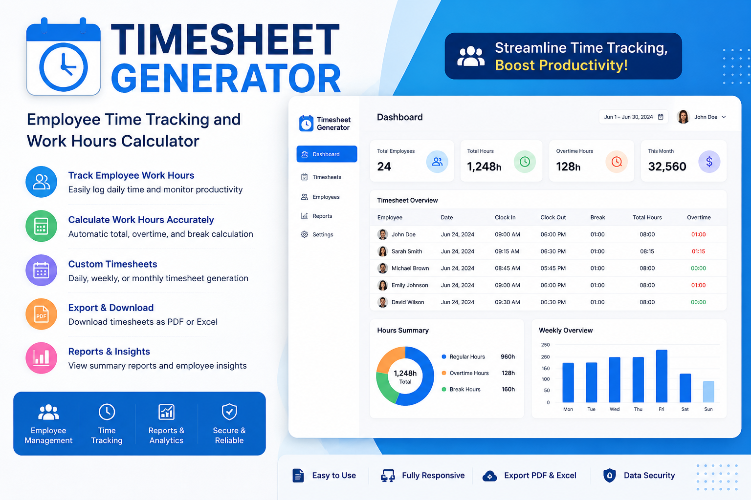 Timesheet Generator – Employee Time Tracking and Work Hours Calculator